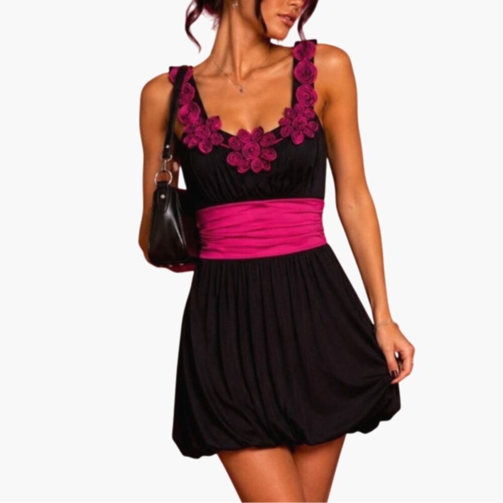 Y2K Womens Floral Babydoll Bubble Dress Medium Black Mcbling Glam 2000s Party